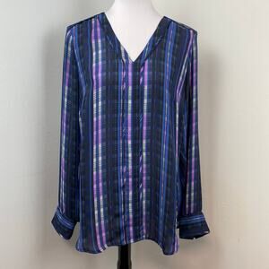 Banana Republic Plaid Pipe-Edge Semi Sheer Popover Blouse Large